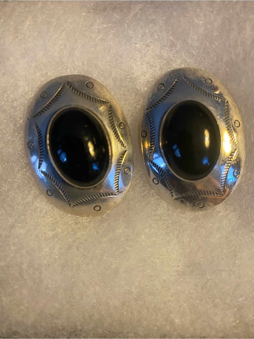 NAVAJO Etched Sterling Silver & Onyx Post Earrings  1.5 x 1”